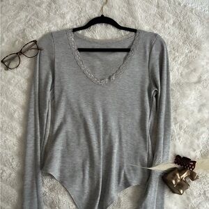 American Eagle Outfitters Gray Lace-Detail Bodysuit